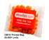 A clear bag containing orange jelly beans, with a logo on the packaging.