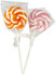 Two round lollipops, one orange and white striped, the other pink and white striped, both in clear packaging.