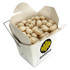 A white cardboard noodle box filled with light cream mints, featuring a logo on the side.