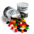 A tin can with a pull tab, overflowing with colourful jelly beans in various shades, featuring a logo.