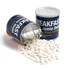 A canister with a pull tab filled with white mints, tipped over with mints spilling out. The can has a logo.