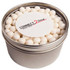 A small round silver tin filled with white mints, featuring a branded label on top.