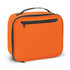An orange lunch cooler bag with a black zippered pocket and handle. It has a simple, rectangular design.
