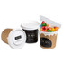 A coffee cup in brown cardboard with a white lid, containing a bag of colourful jelly beans. It features a logo.