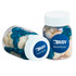 A baby jar filled with blue and white mini jelly beans, featuring a label with a logo.
