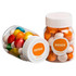 Two clear jars filled with colourful chewy fruit sweets, featuring orange, yellow, red, blue, and white pieces. Each jar has a lid and a logo.