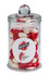 A small glass apothecary jar filled with red and white jelly beans, featuring a logo on the front.