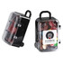 A carry-on case designed in black, filled with colourful jelly beans and featuring a logo.