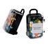 A small black carry-on case filled with colourful chewy fruit candies, featuring a clear lid and a logo.