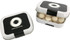 A small rectangular tin with a black lid, filled with white mints. The tin features a branding logo on top.