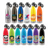 A drink bottle collection featuring various colours, designs, and a flip lid. Includes silver, white, orange, green, and more.