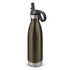 A drink bottle in olive green with a silver base and a flip lid. It features a black handle and a logo.