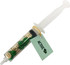 A syringe filled with chewy fruit in green and yellow, featuring a tag and a logo.