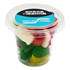 A clear tub filled with colourful mixed lollies, including red, green, white, and yellow sweets. The tub features a logo.