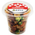 A clear tub filled with a mix of colourful nuts and savoury snacks, featuring a festive lid with a logo.