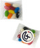 A clear bag containing an assortment of colourful jelly beans in various shades, alongside a branded logo.