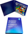 A blue promotional card with a bag of multi-coloured chewy fruit candies inside. The card features a logo.