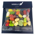 A clear bag contains a colourful assortment of JELLY BELLY jelly beans in various shapes and sizes, packaged with a logo.