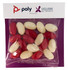 A bag containing red and white jelly beans, sealed in a transparent packaging with a logo.
