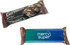 A muesli bar featuring dark chocolate, cranberry, and almond, with a branded sleeve in blue and green.