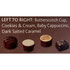A box of four chocolates in brown and white: Butterscotch Cup, Cookies & Cream, Baby Cappuccino, Dark Salted Caramel.