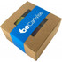 A window box containing assorted coloured cookies, wrapped with a blue band featuring a logo.
