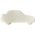 A white mint card shaped like a car, featuring a simple silhouette design. It has a branding logo on one side.