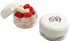 A small clear screw cap jar filled with red and white jelly beans, featuring a white lid and a logo on top.