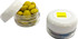 A small clear screw cap jar containing yellow choc beans with a white lid and branding on the top.