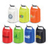 A collection of 10L dry bags in white, orange, green, black, and various other colours, featuring different logos.