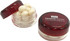 A small screw cap jar in red containing white mints, featuring a logo on the lid.