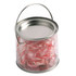 A medium clear PVC bucket filled with red and white striped candy canes, featuring a metal handle.
