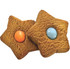 Two star-shaped ginger biscuits, one with an orange centre and the other with a blue centre, on a white background.
