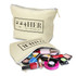 A large cream cosmetic bag filled with various makeup products, including lipsticks, eyeshadows, and nail polish.