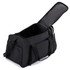 A black travel duffel bag with a top opening, featuring dual handles and a front zip pocket. It has a logo.