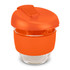 A drink bottle with an orange silicone lid and base, featuring a clear borosilicate glass body.