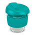 A drink bottle featuring a clear borosilicate glass body and a turquoise silicone lid and sleeve. Includes branding.