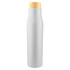 A drink bottle in a matte grey finish with a bamboo lid. It features a sleek, modern design and has a logo.