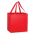 A red tote bag with two handles and a simple design, featuring a logo on one side.