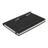 A black notebook with a pen resting on top, featuring a textured cover and an elastic band.