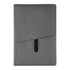 A grey notebook with a textured cover and a pocket on the front, featuring a logo.