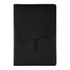 A black notebook with a textured finish and a front pocket, featuring a logo on the cover.