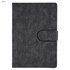 A black notebook with a textured cover and a clasp closure. It features a simple design and a logo.