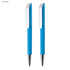 A set of two light blue plastic pens with white accents and a logo on the barrel.