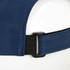 A navy cap featuring an adjustable strap with a plastic clasp and a smooth fabric finish.