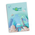 A notebook featuring a light blue cover with a globe design, landmarks, and a logo. It has a travel theme.