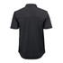 A black short sleeve knit shirt with a collared design and a logo on the back.