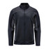 A black knit jacket with a zip front, featuring contrasting panel details and a high collar. It has a logo on the design.