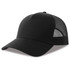 A black trucker cap with a solid front and mesh paneling on the sides, featuring a logo.