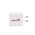 A white power adapter with two prongs and a logo on the front.